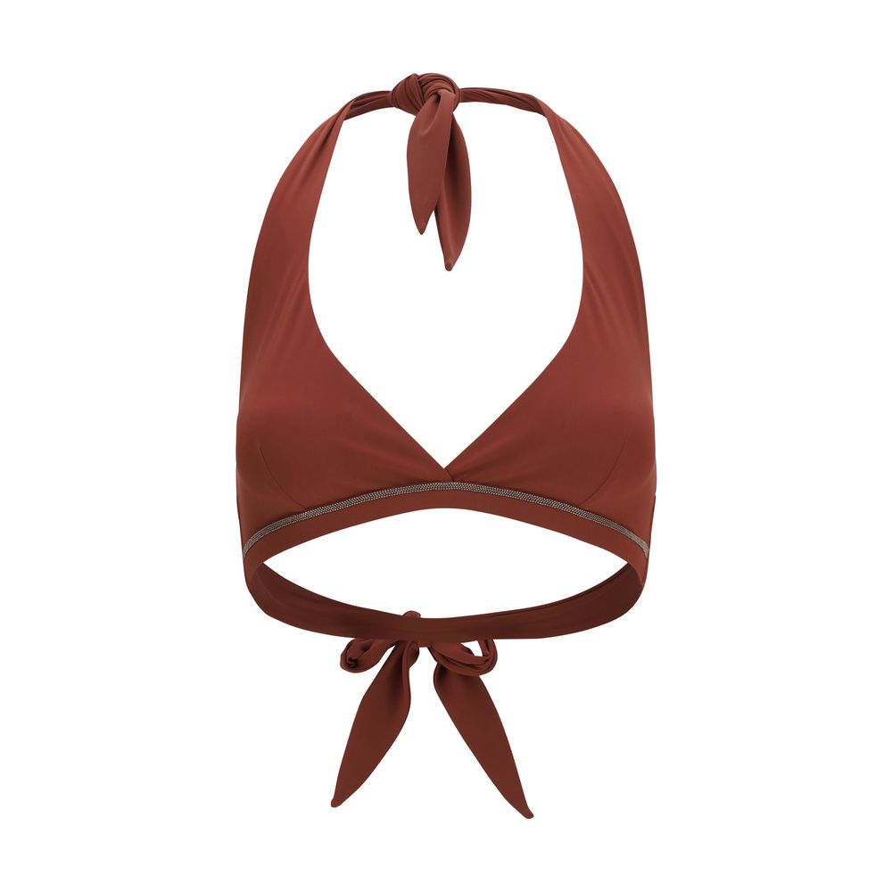 Monili-Embellished Halter Bikini Top — Brown