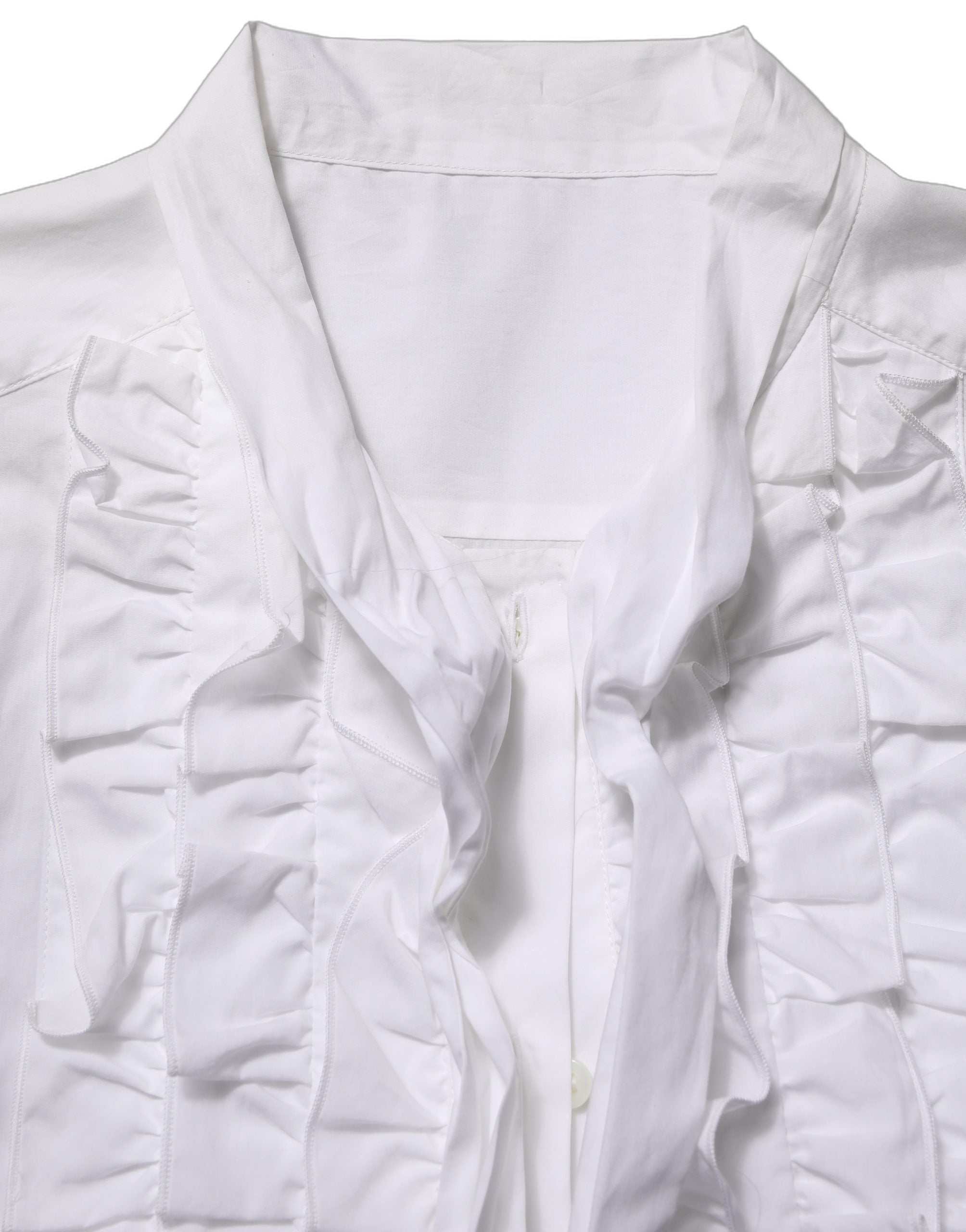 Ruffled Bib Cotton Blouse — White