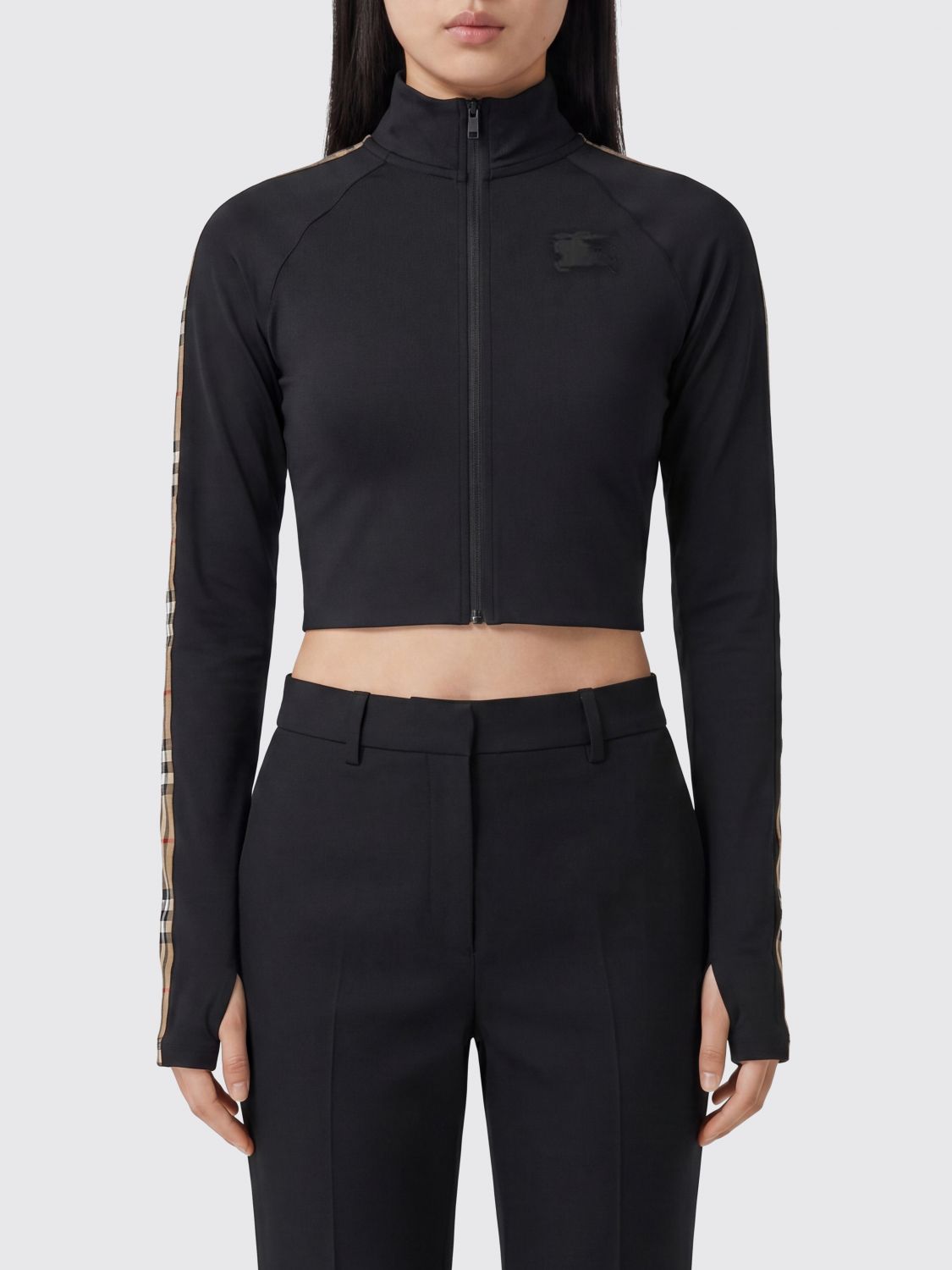 Cropped Slim Fit Technical Jersey Sweatshirt with High Neck and Zip Closure