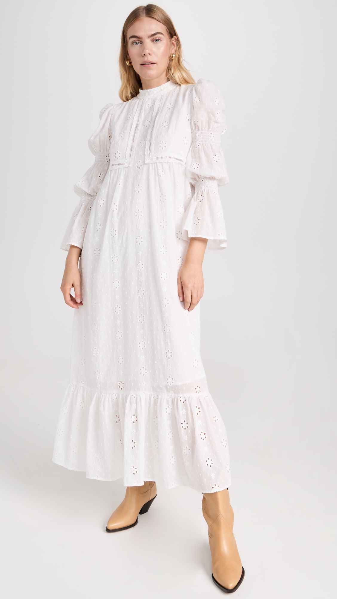 Embroidered Swiss Dot Maxi Dress White 