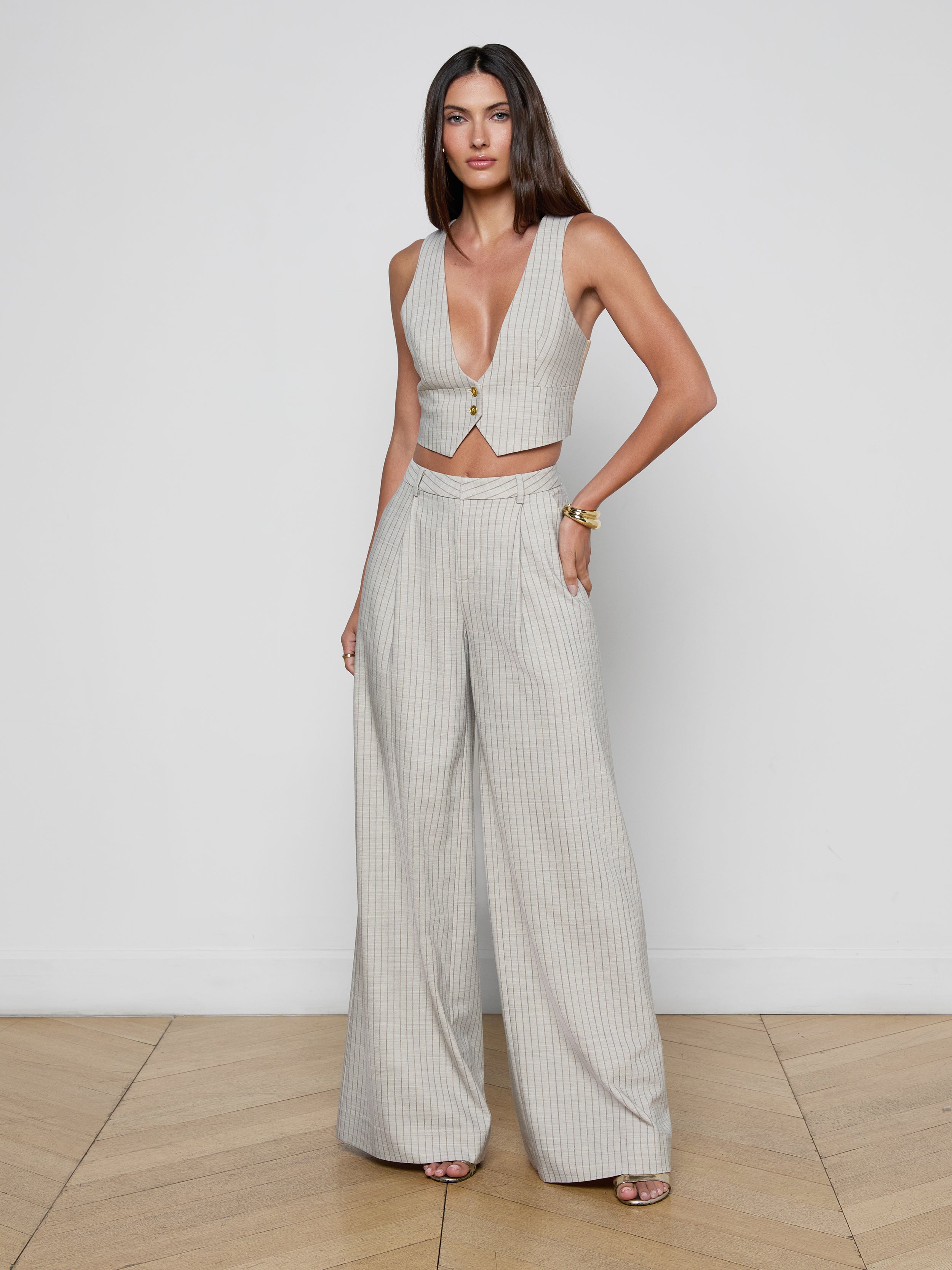 Devony Pinstriped Vest In Grey/tan Pinstripe
