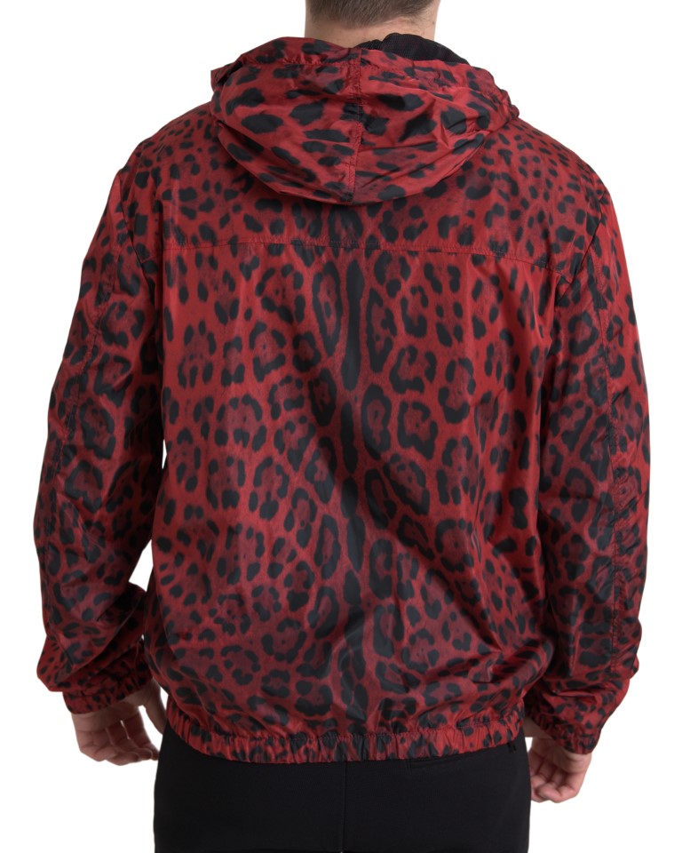 Leopard-Print Hooded Bomber Jacket — Red