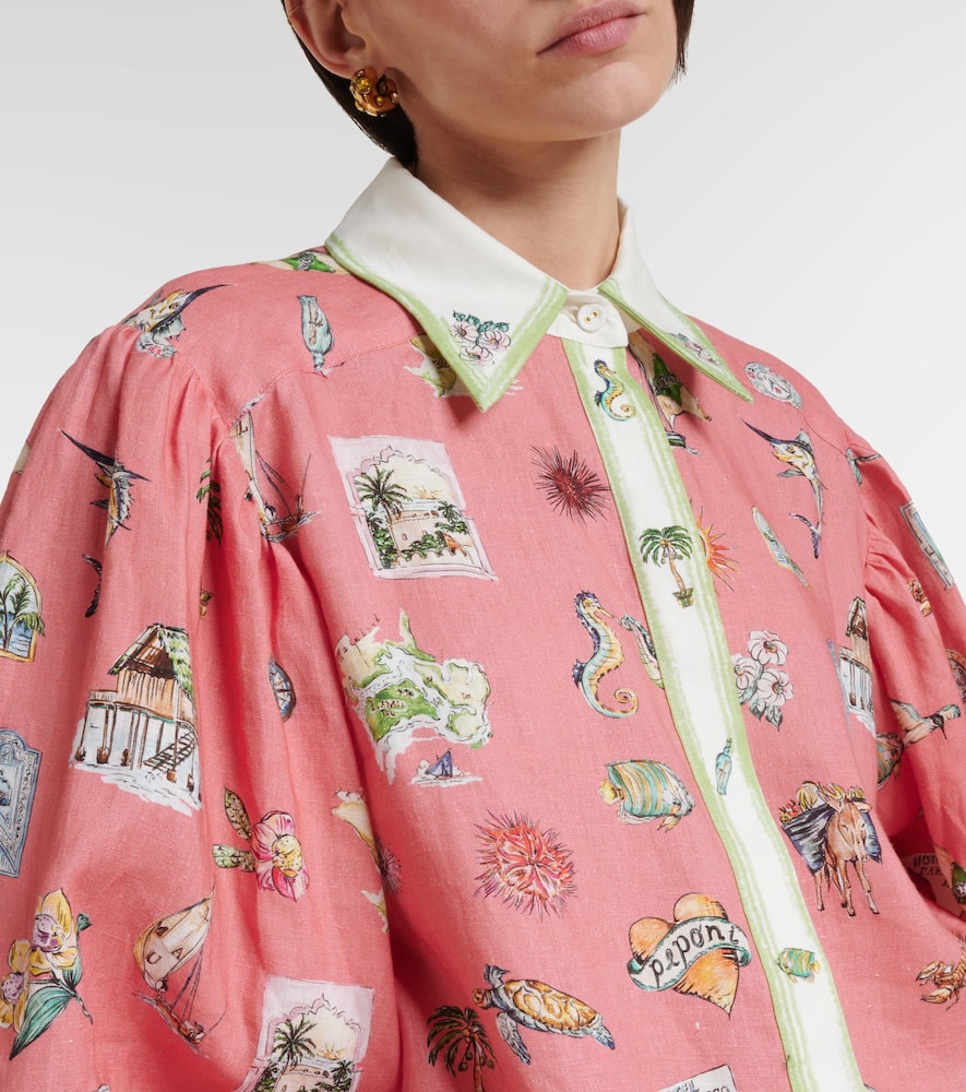 Alémais Puff-sleeve printed linen shirt