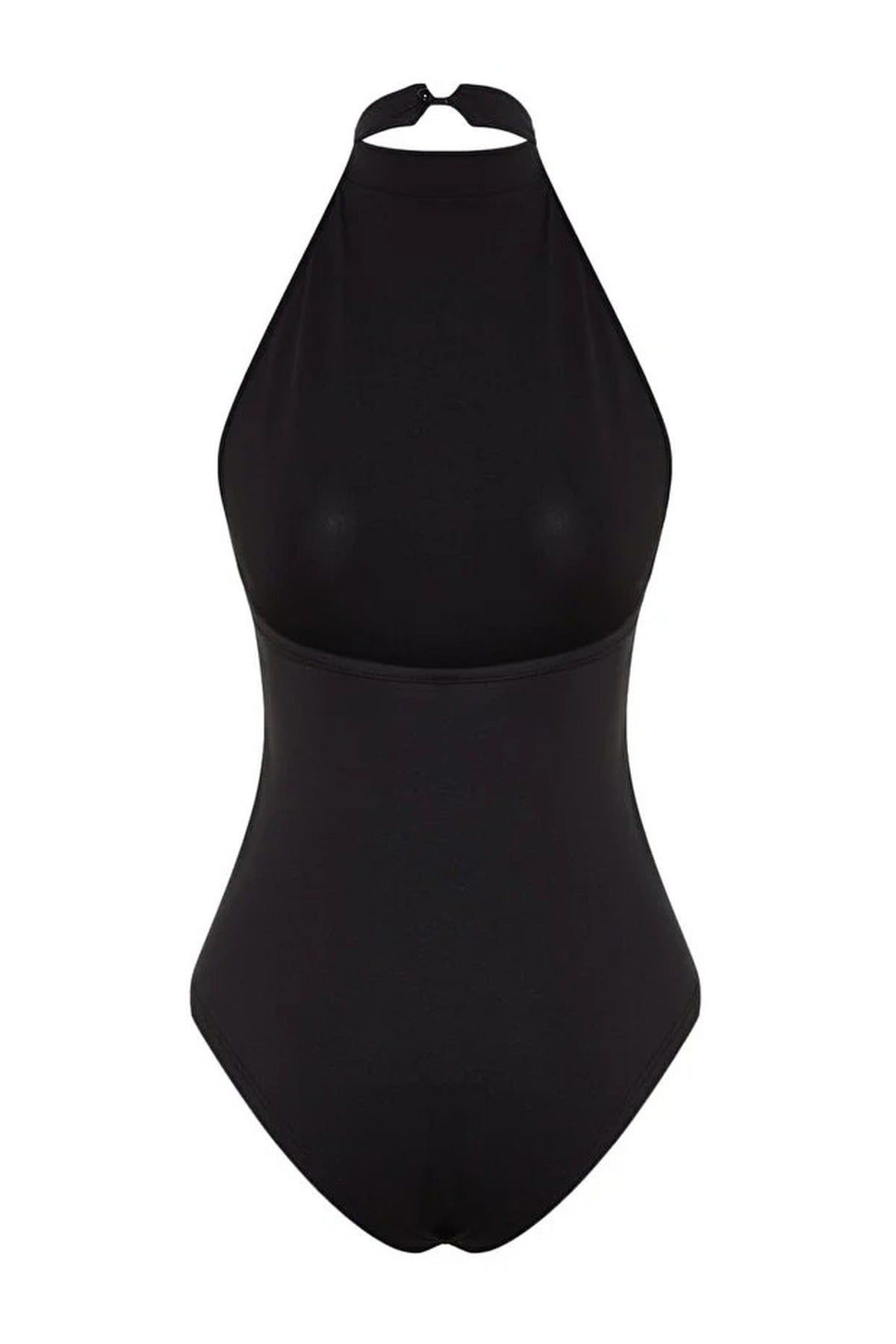 Wovcor Tie Neck High Halter Slim Fit Stretch Bodysuit Top In Black