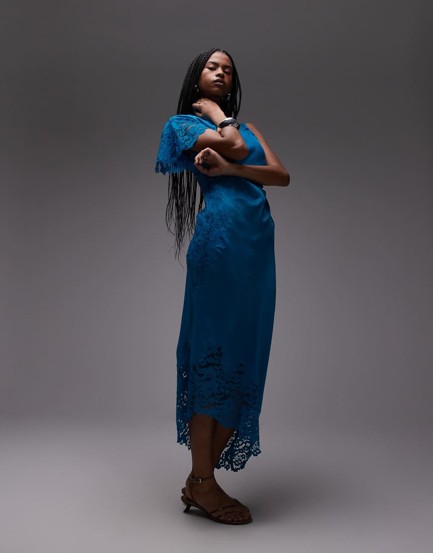 Lace insert grown on shoulder midi dress in deep blue