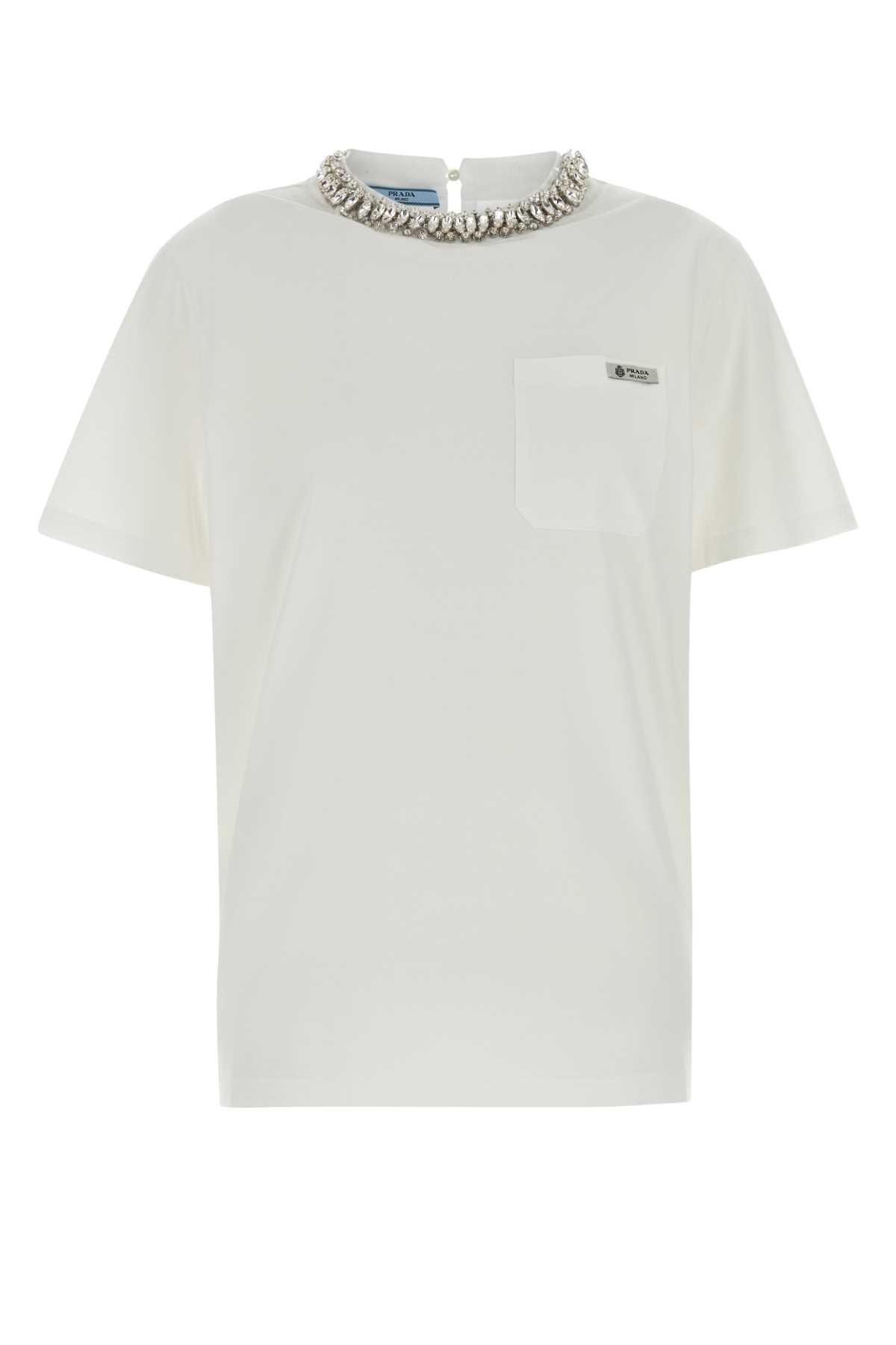 Crystal-Embellished Crew Neck Cotton T-Shirt — White