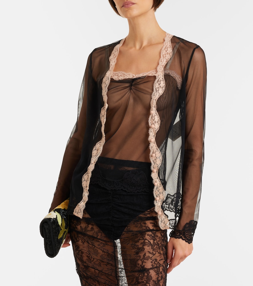 Lace-trimmed sheer mesh camisole