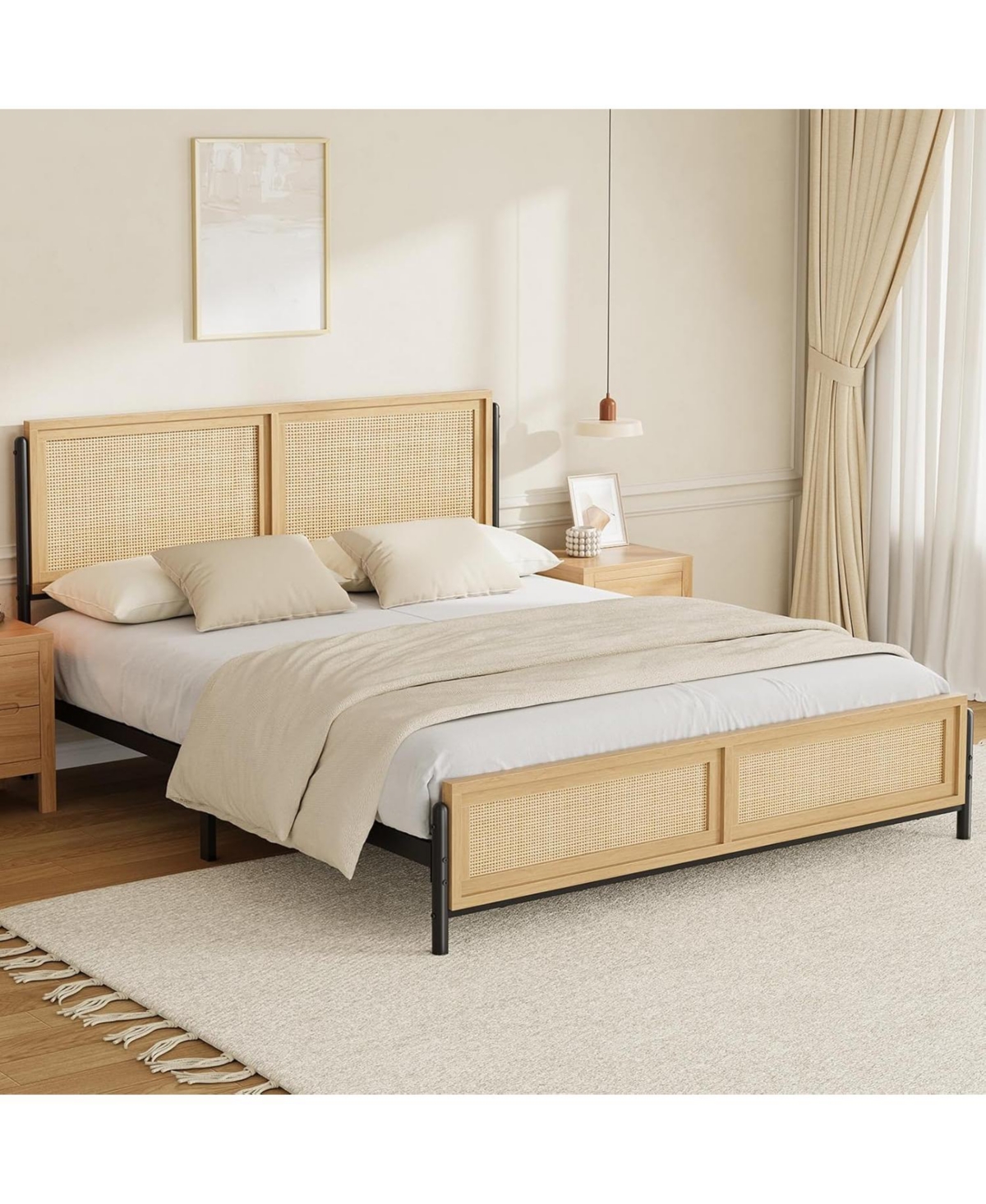 King Size Boho Bed Frame with Natural Rattan Headboard & Footboard, 14" Metal Platform, No Box Spring Needed - Brown