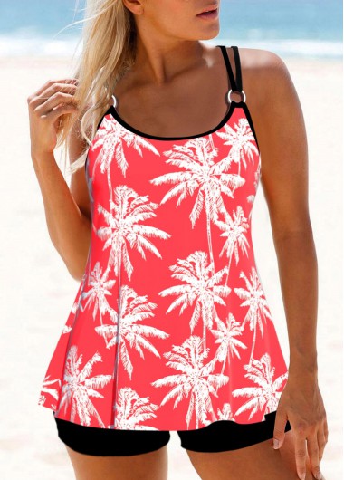 Modlily Metal Ring Leaf Print Coral Red Tankini Set