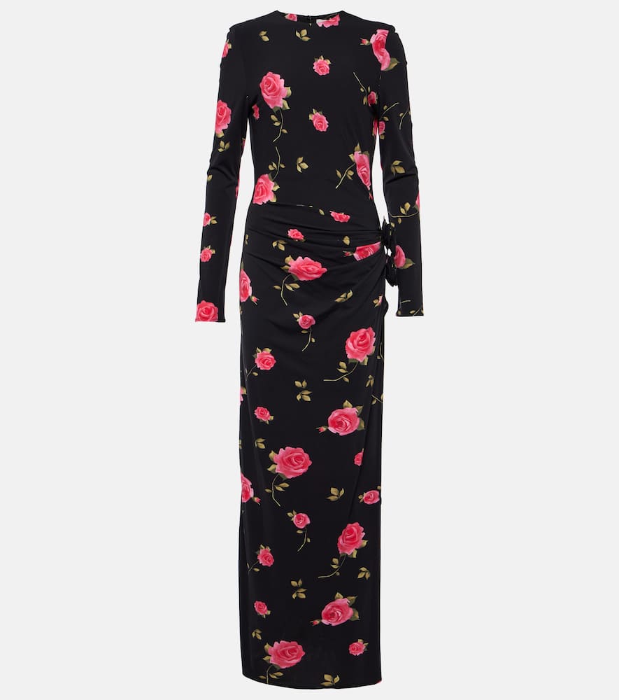 Floral-appliqué gathered maxi dress