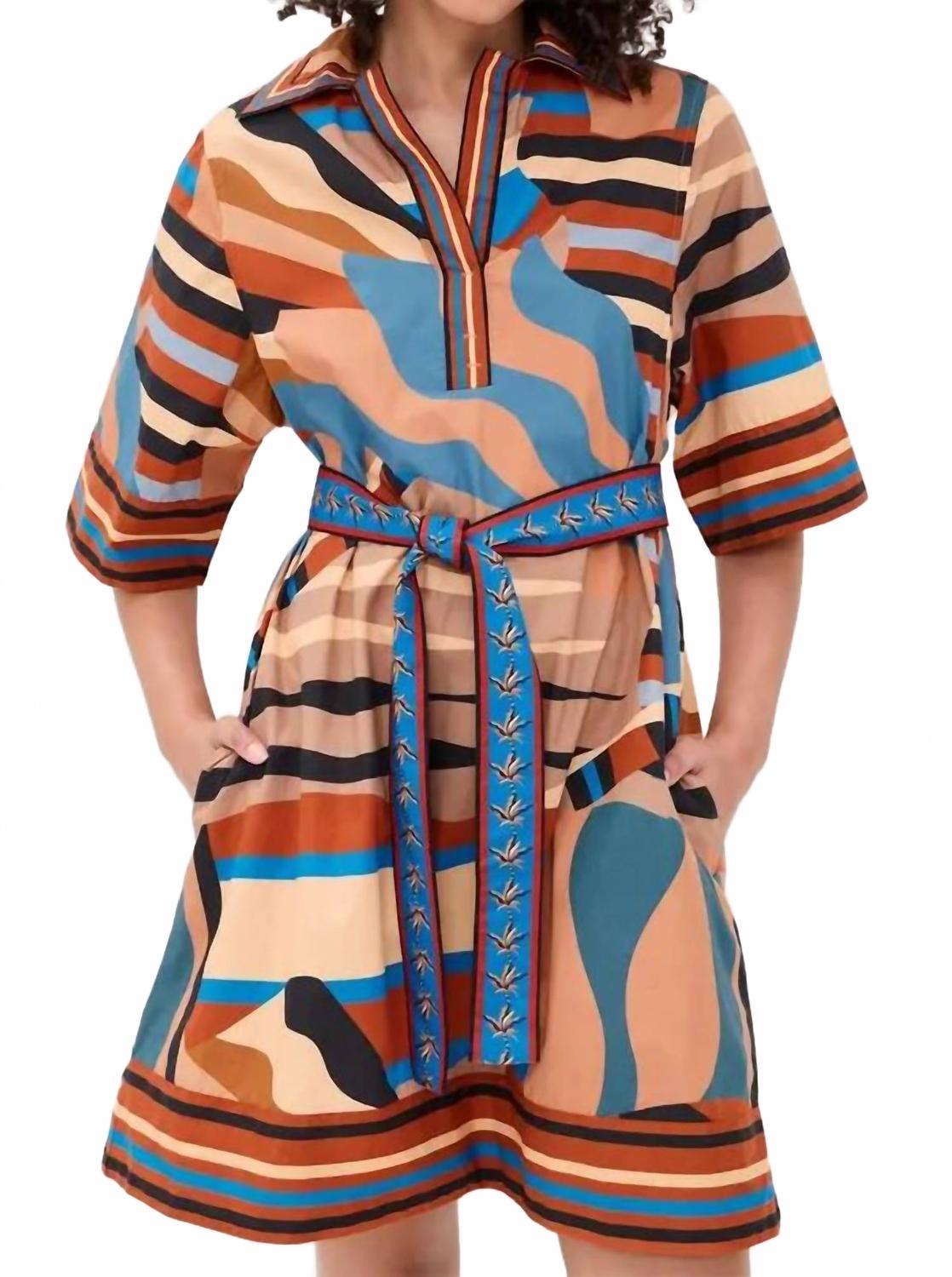 Striped Geometric Print Short Dress In Neutral Tones