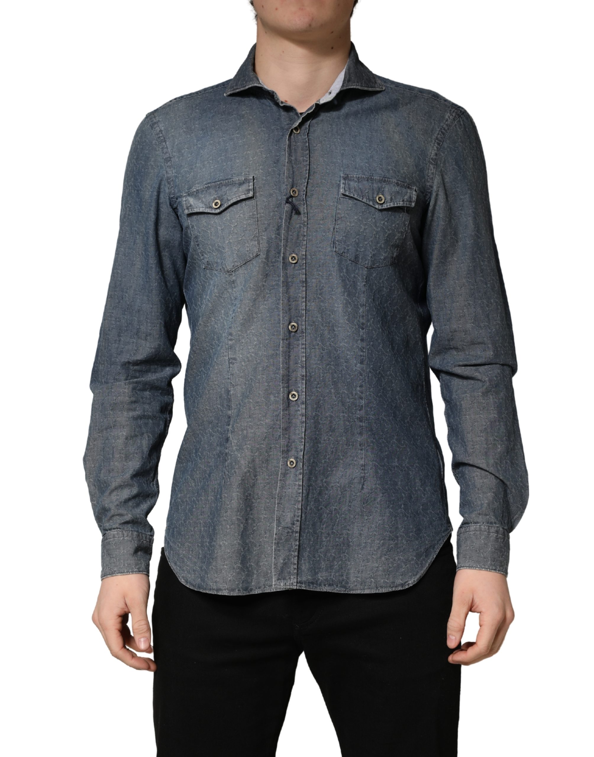 Domenico Tagliente DarkBlue Long Sleeve Collared Denim Men's Shirt Pre-Owned
