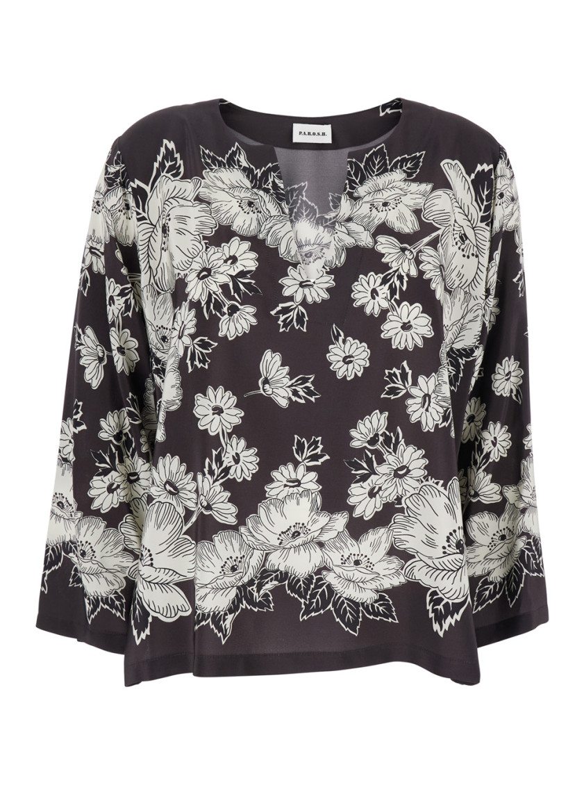 White And Black Blouse With V-neck And All-over Floral Pattern In Silk Woman
