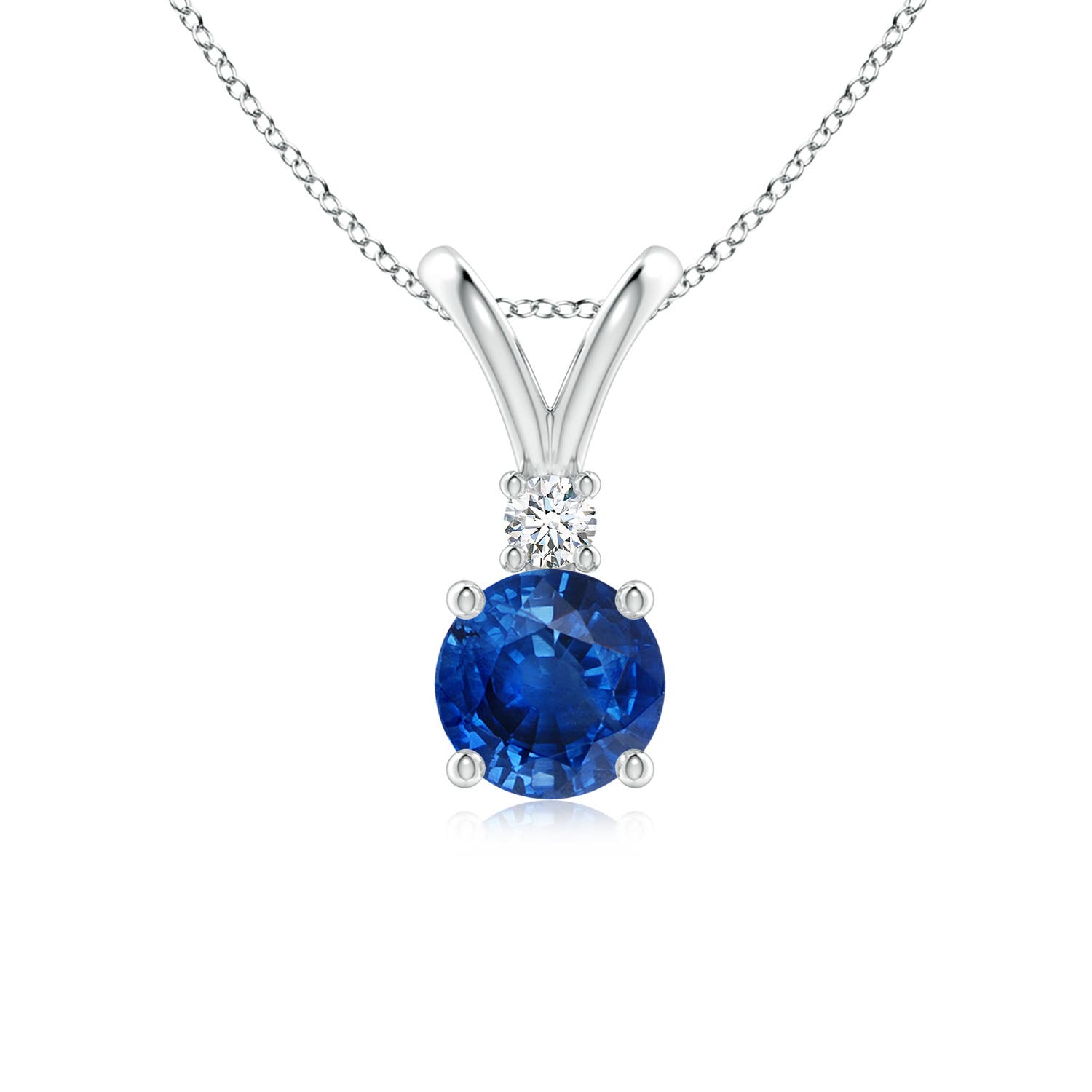 Angara 1.0 Carat Round Blue Sapphire Solitaire V-Bale Pendant with Diamond in Platinum