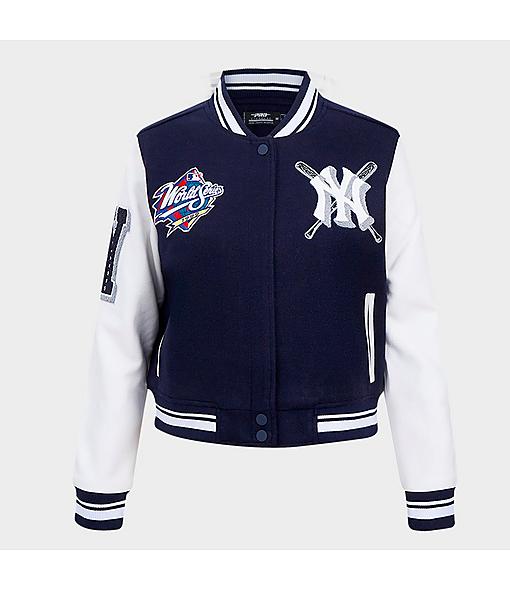 Women's New York Yankees MLB Mash Up Rib Wool Varsity Jacket in Midnight Navy/White