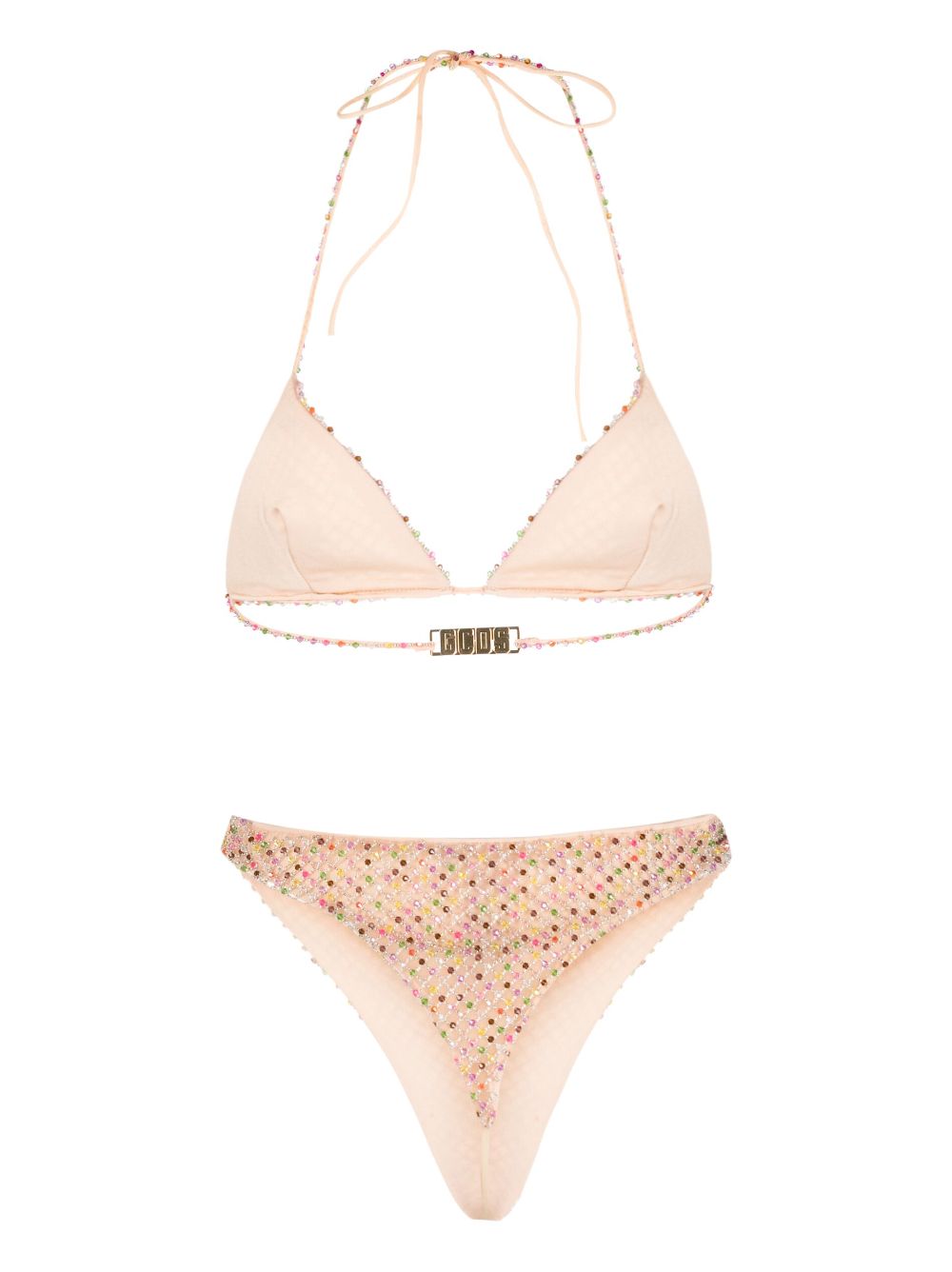 Bead-embellished tulle-overlay bikini - Neutrals