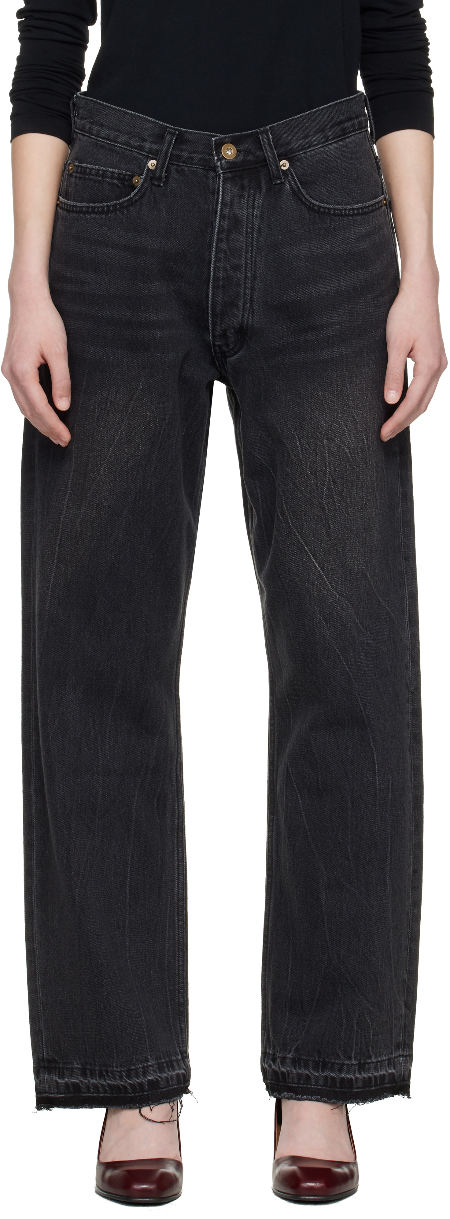 Black Frayed Hem Loose Straight Denim Jeans