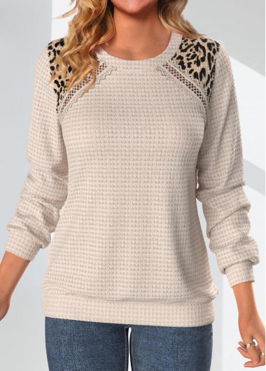 Modlily Light Camel Patchwork Leopard Long Sleeve Sweatshirt