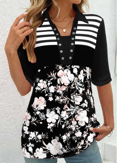 Modlily Black Patchwork Floral Print Half Sleeve T Shirt