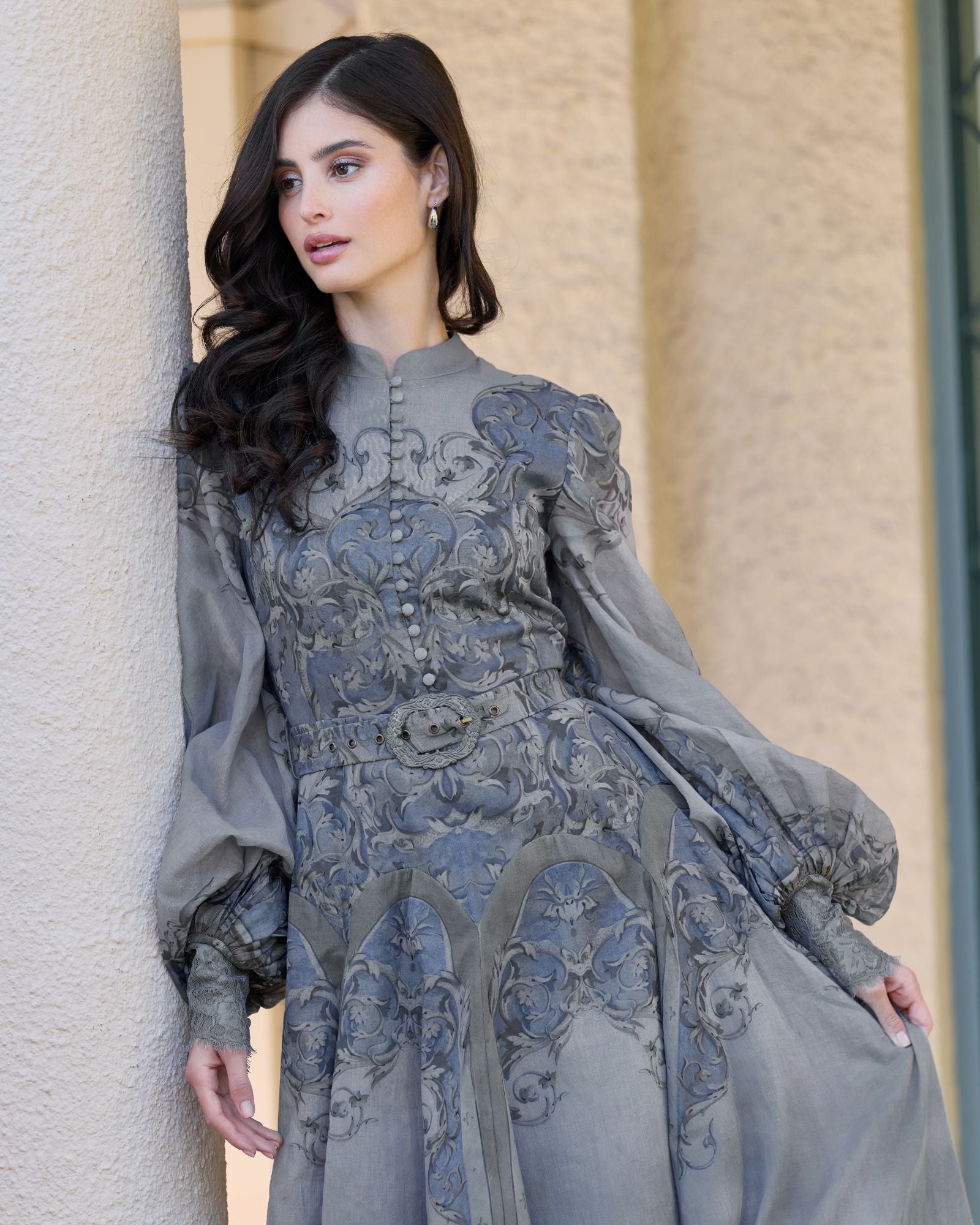 Gray Bishop Sleeve Printed Cotton A-Line Dress