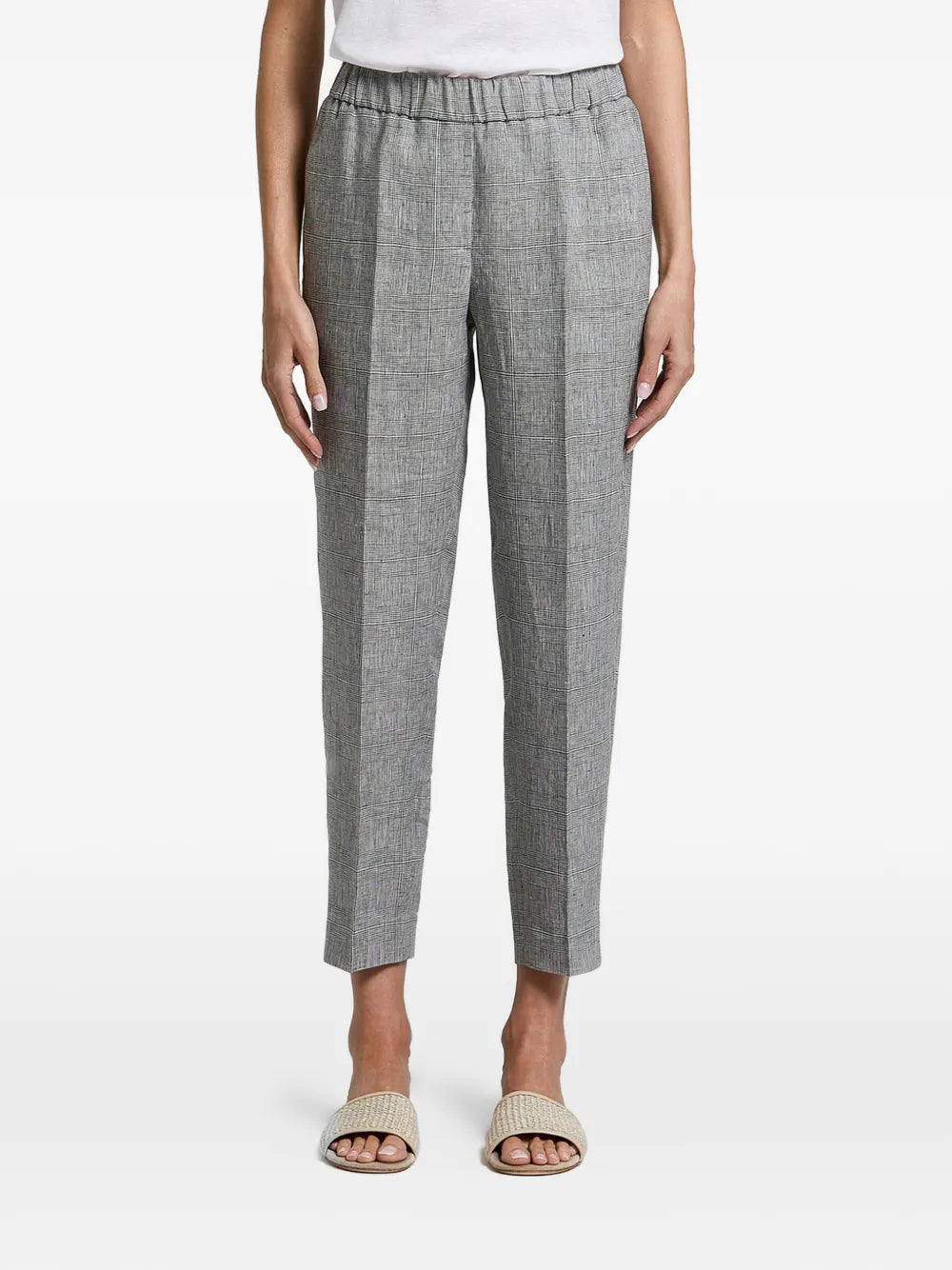 Check-Pattern Elasticated-Waistband Trousers — Grey