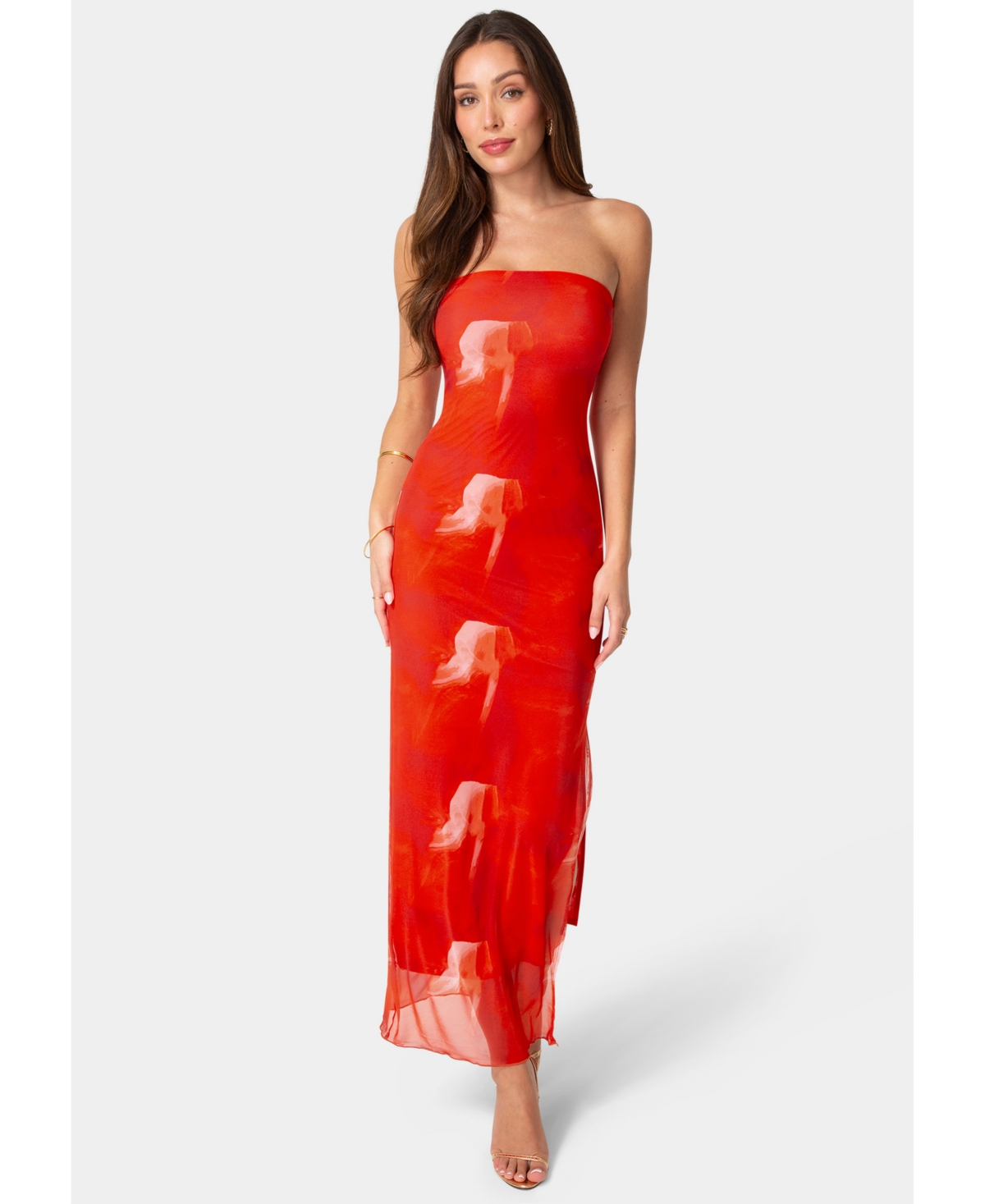 Women's Printed Mesh Strapless Maxi Dress - Red multi