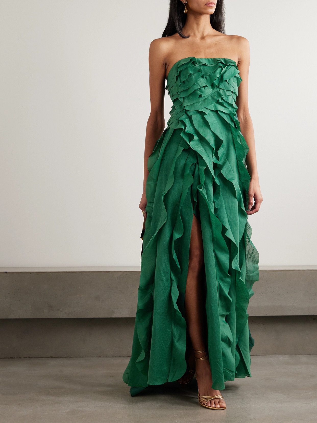 Allairie Strapless Ruffled Shirred Faille Gown - Green