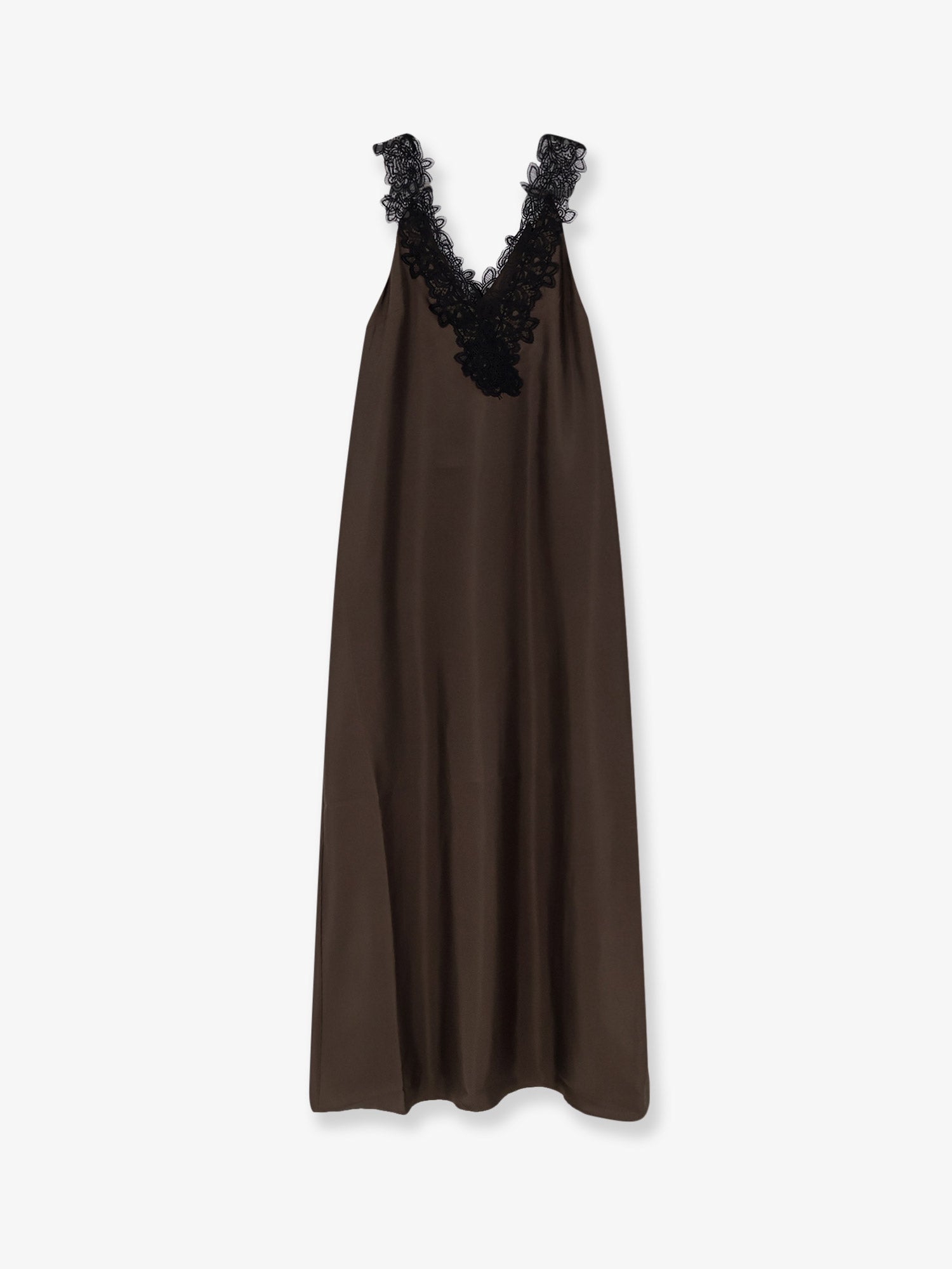 Silk Lace-Trim Dress — Brown