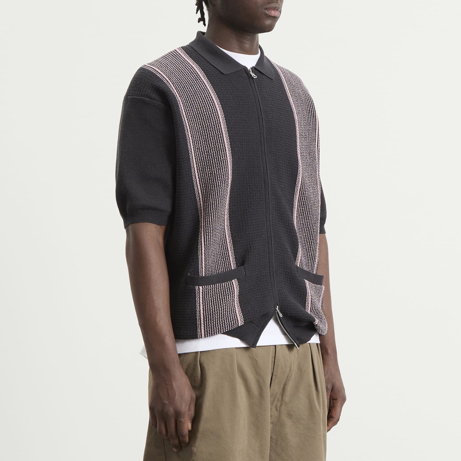 Men's Stripe Zip Knit Polo in Charcoal