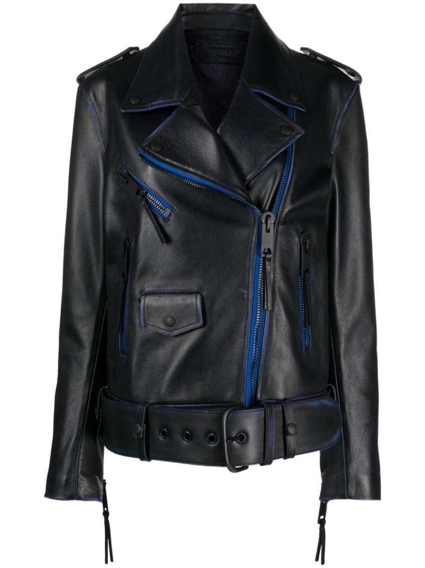 Contrast-trim leather jacket - COBALT BLUE WHITE