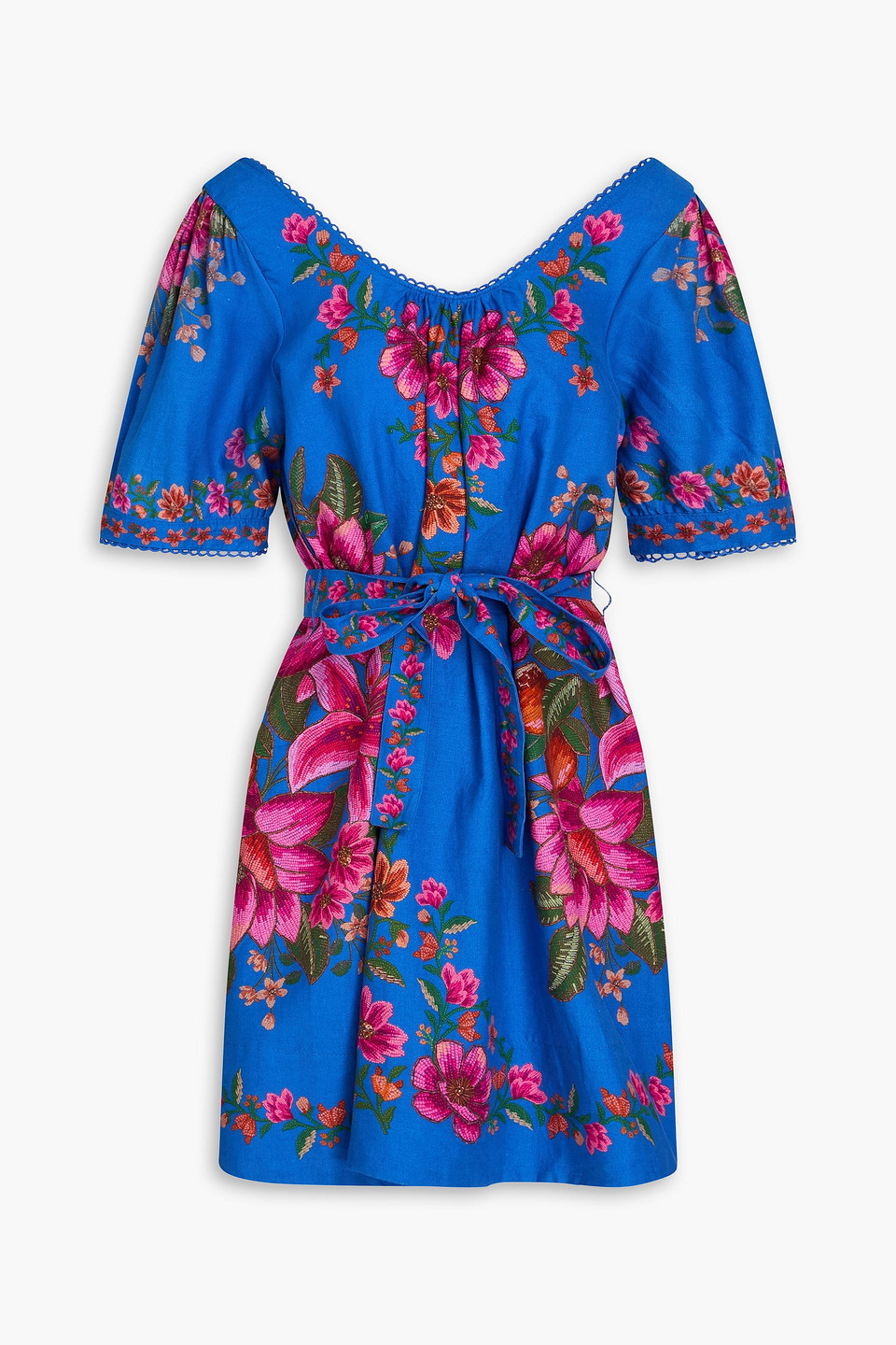 Floral-print linen-blend mini dress - Blue - XXS