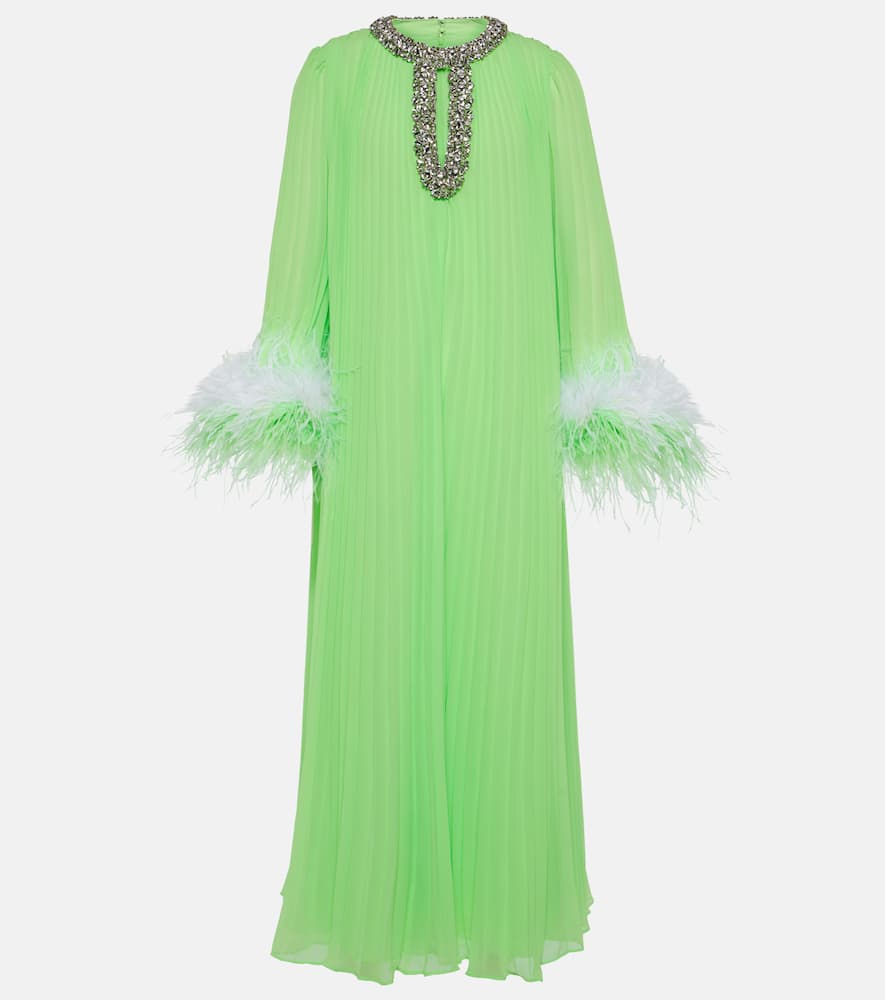 Self-Portrait Pleated feather-trimmed chiffon gown