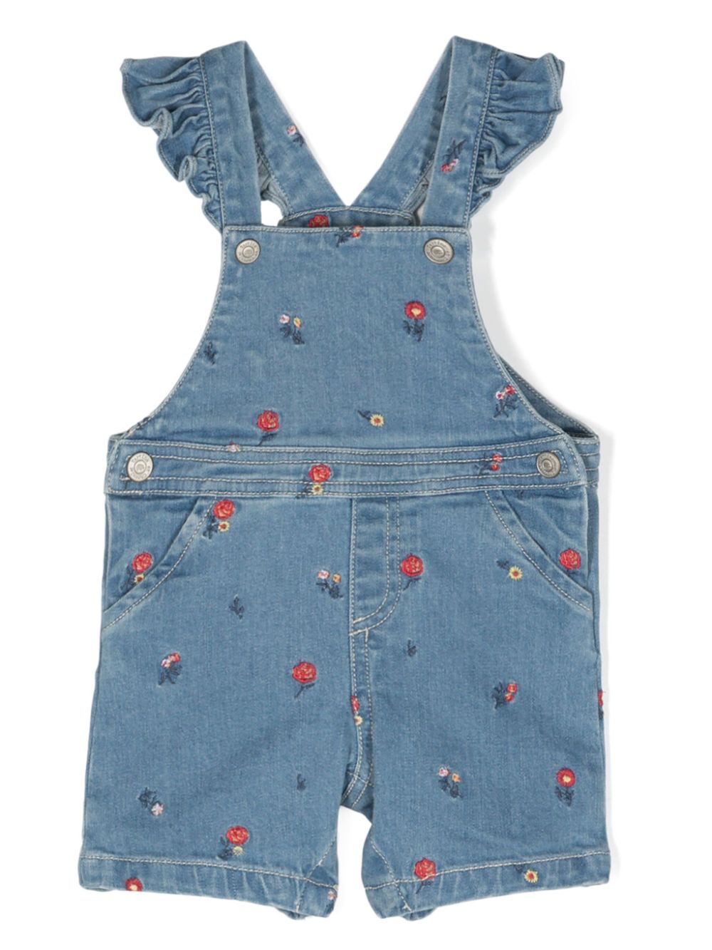 Floral-embroidered denim dungarees - Blue