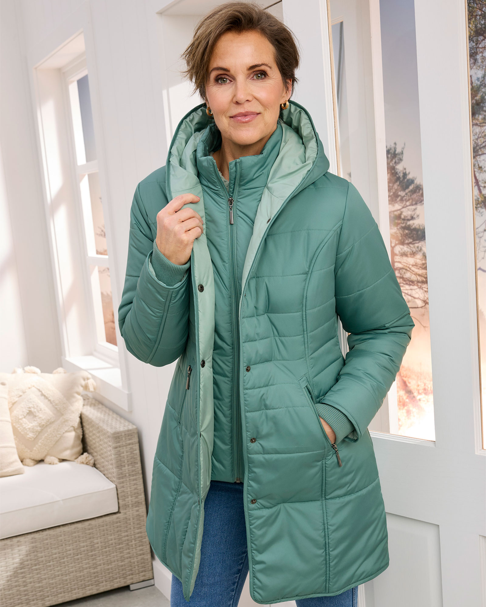 Women's Padded Hooded Jacket in Green, 100% Polyester