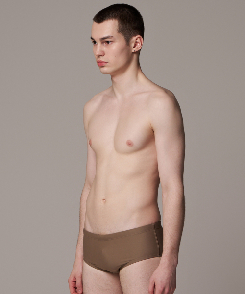 Solid Tightly Woven Short Square Brief Men's Swimwear Brown