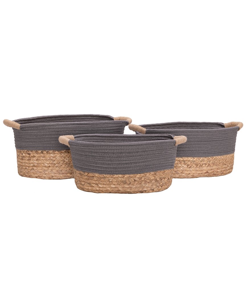 3Pc Natural Hyacinth Grey & Rope Handwoven Basket Set