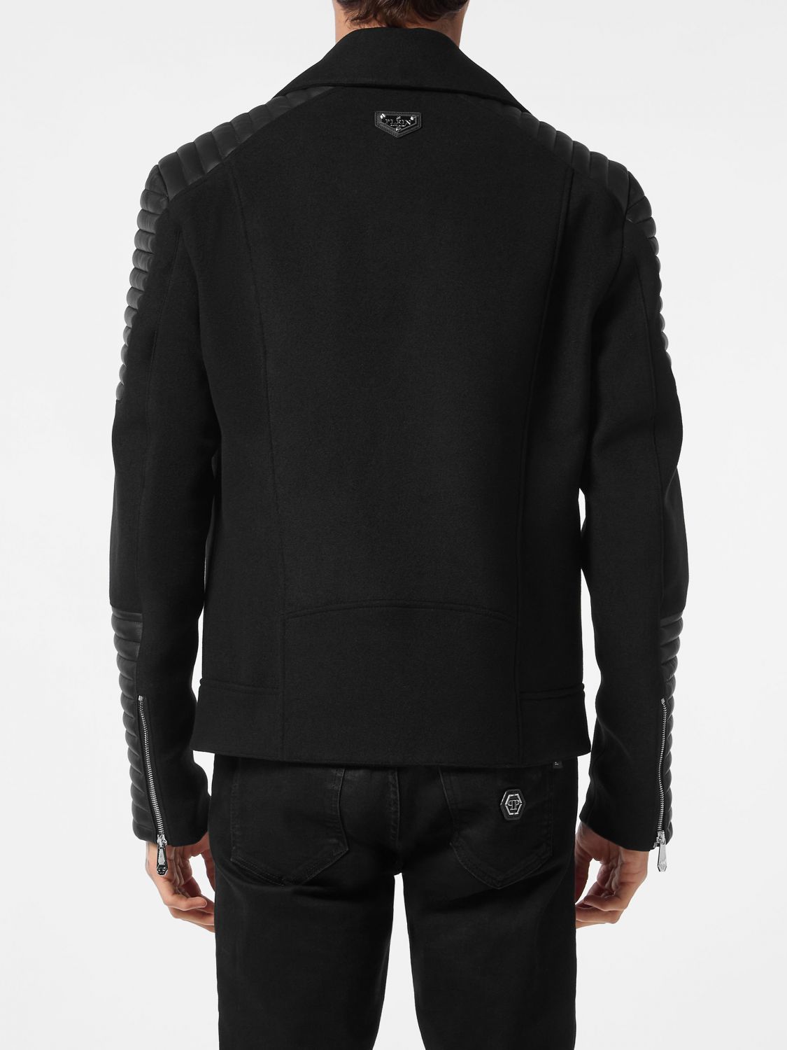 Leather and Wool Biker Jacket with Lapels and Asymmetrical Zip