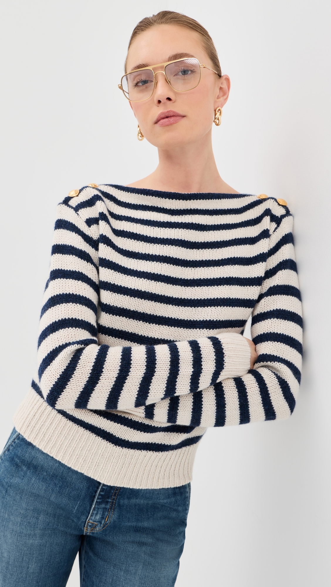 Tandy Cashmere Sweater Ivory/Marine Stripe
