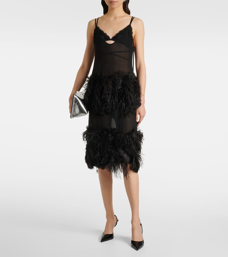 Sheer feather-trimmed midi dress
