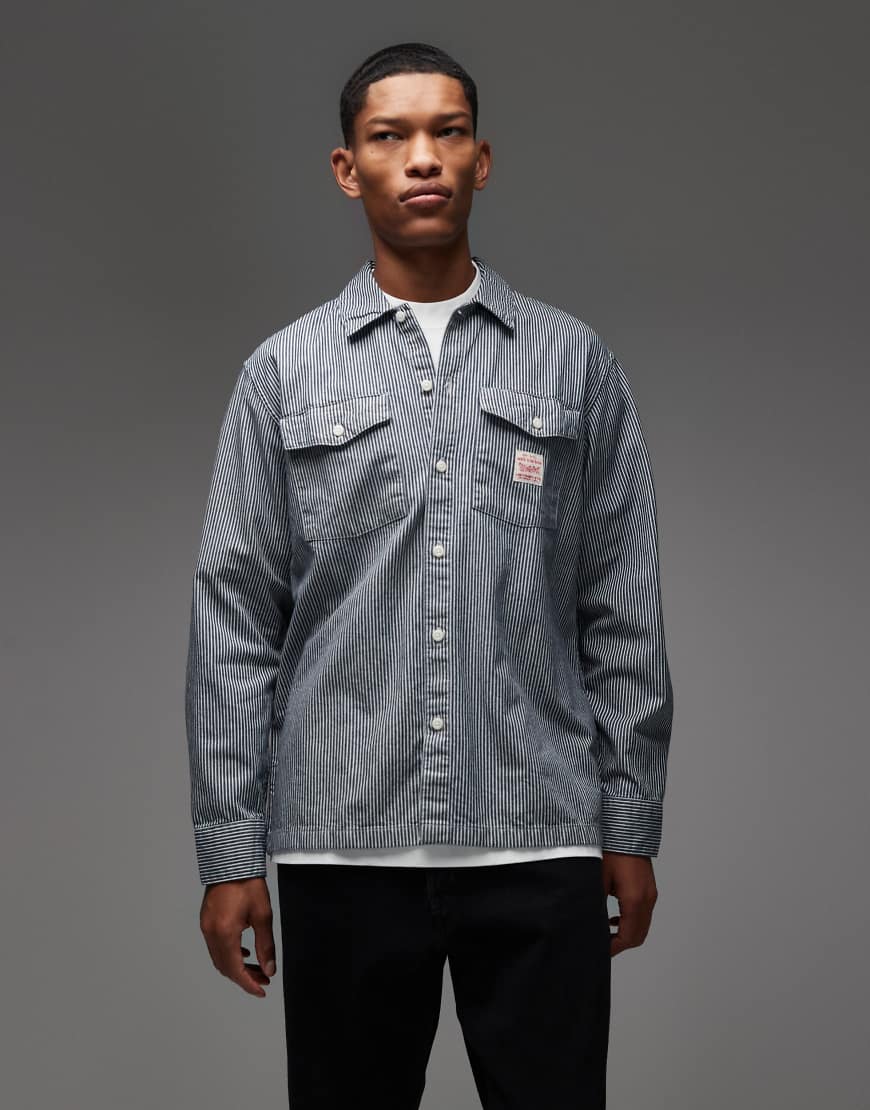 Workwear Capsule label logo stripe denim worker shirt in navy