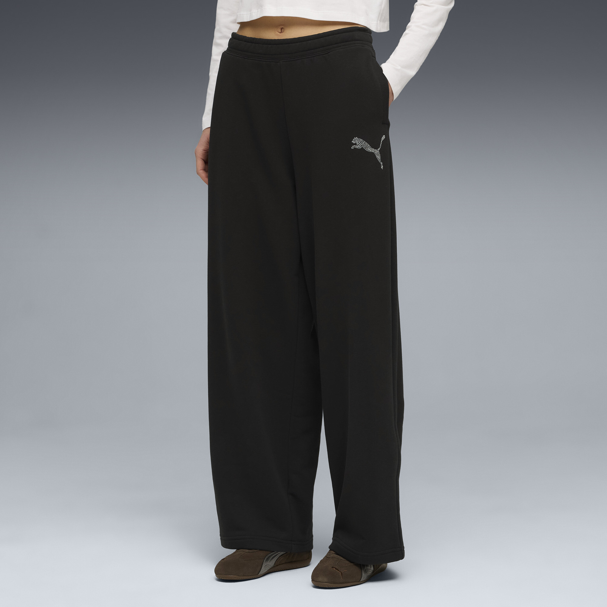 PUMA Essentials Graphics Bedazzled Women's Slouchy Pants in Black