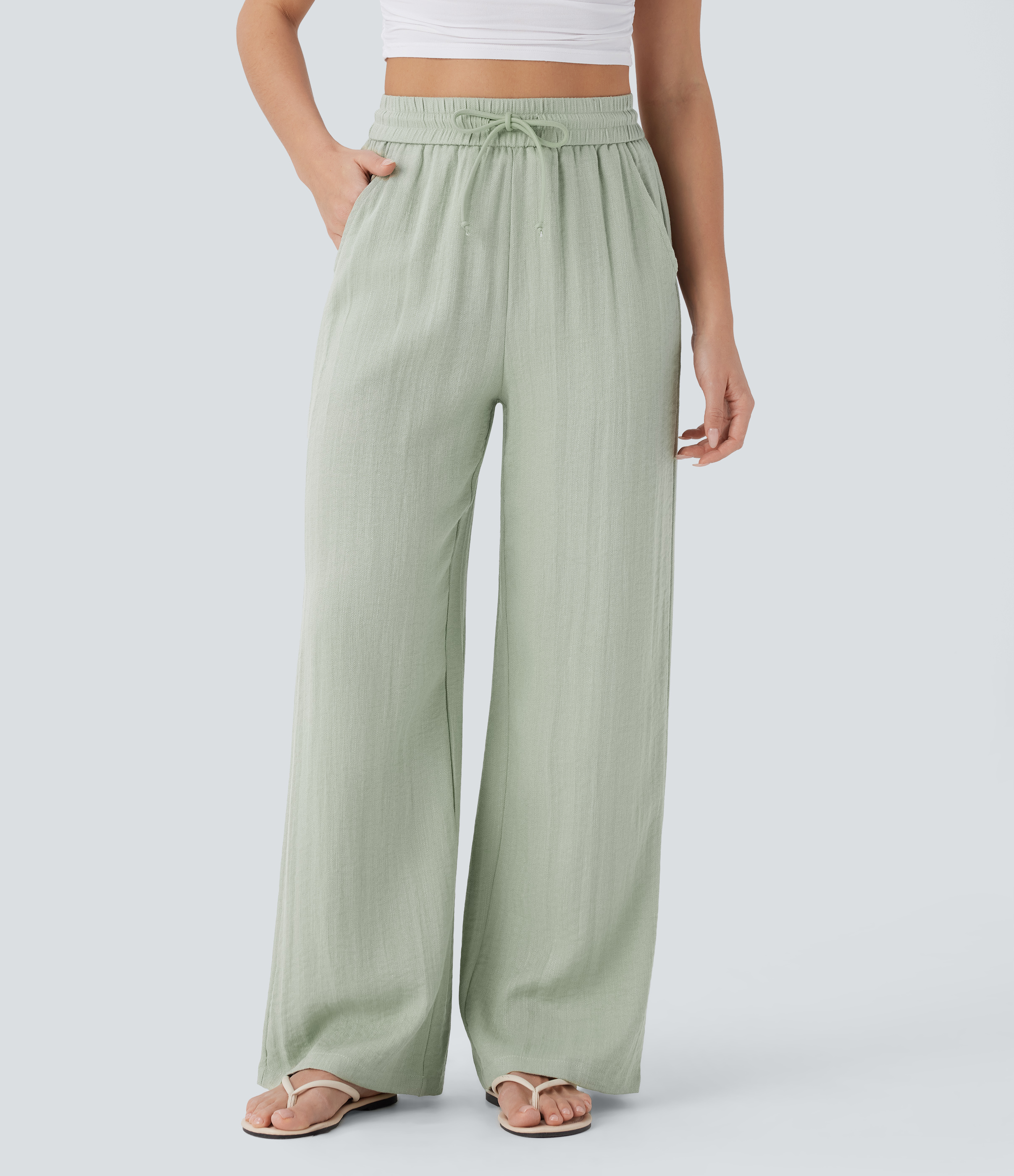 High Waisted Drawstring Pocket Wide Leg Casual Linen-Feel Pants  - Pale Aqua