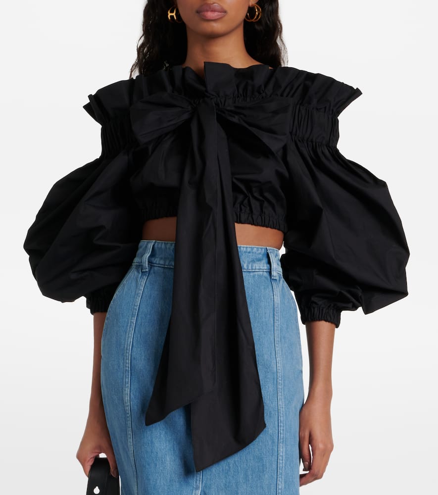 Bow-detail ruffled cotton crop top
