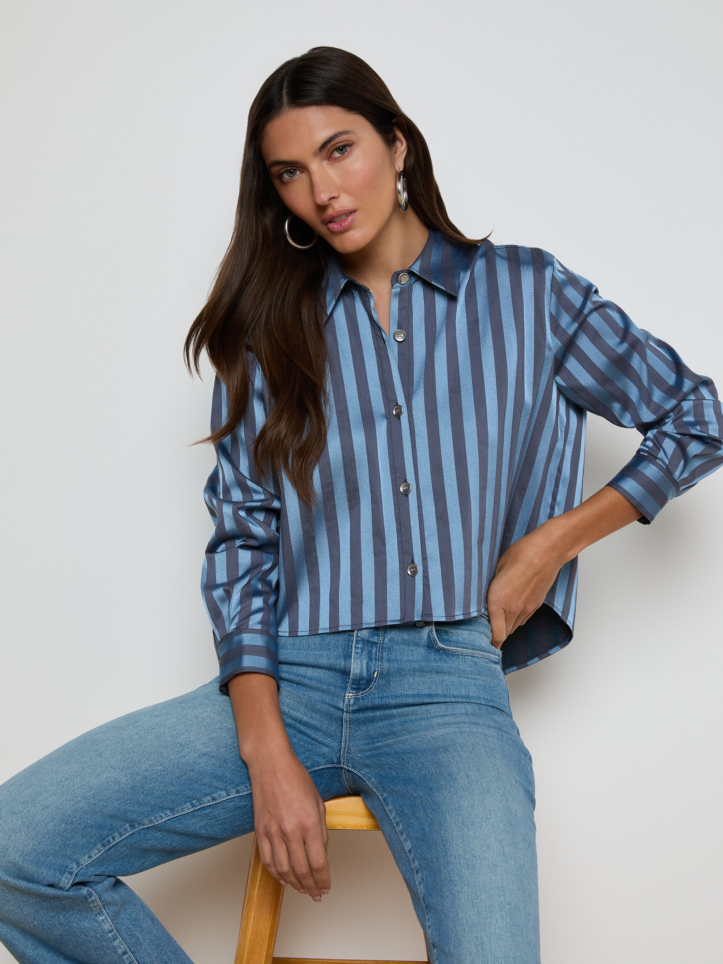 Cosette Satin Shirt In Blue Multi Stripe