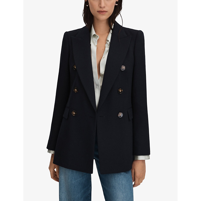 Womens Navy Lana Peak-lapel Double-breasted Wool-blend Blazer 10