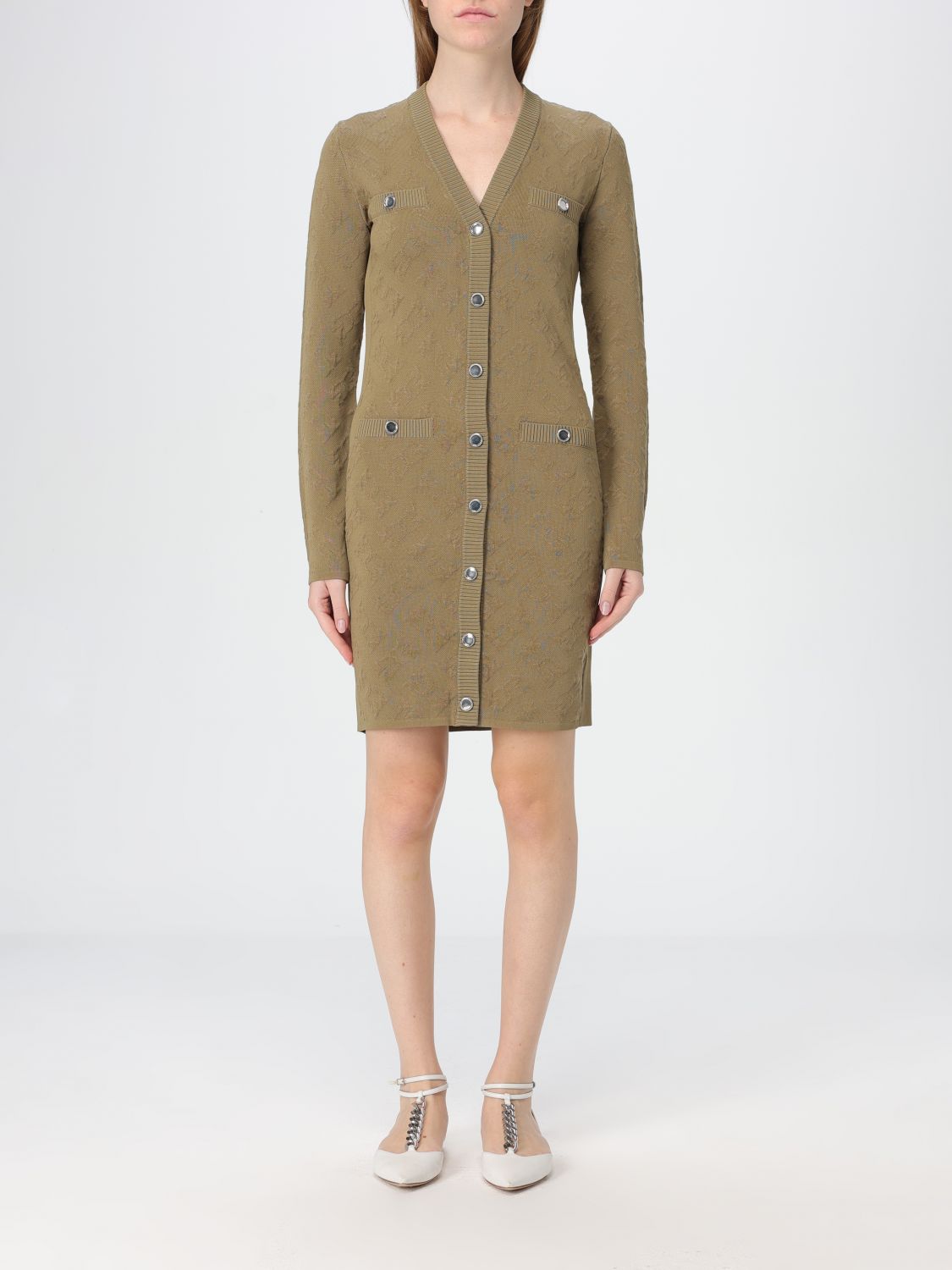 Jacquard knitted V-neck dress - Neutrals