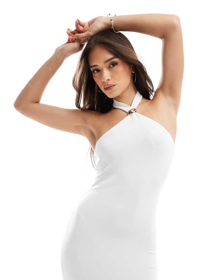 & Reckless Womens double layered slinky gold hardware detail halterneck maxi dress in crea
