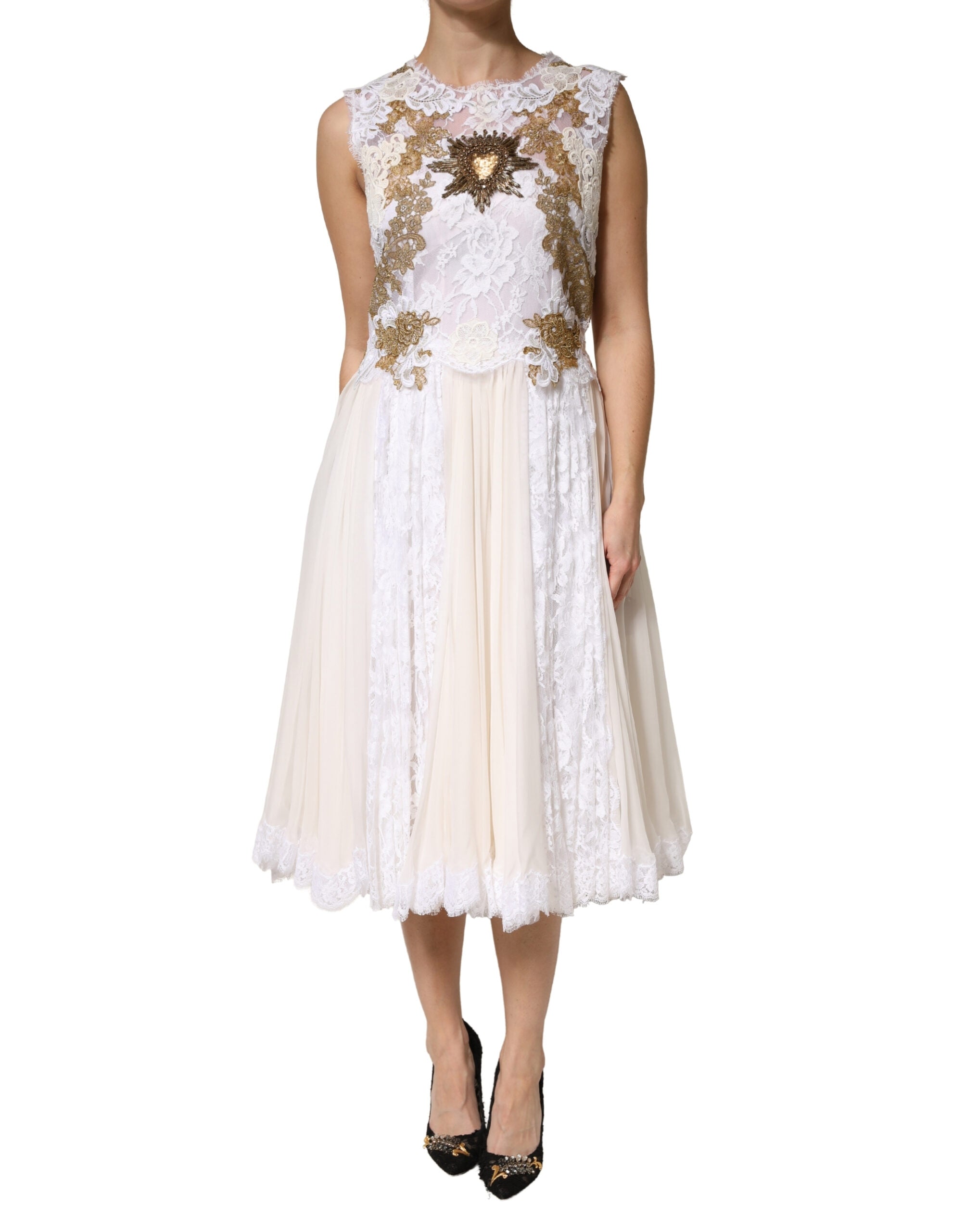 Lace Silk Embellished Dress — White