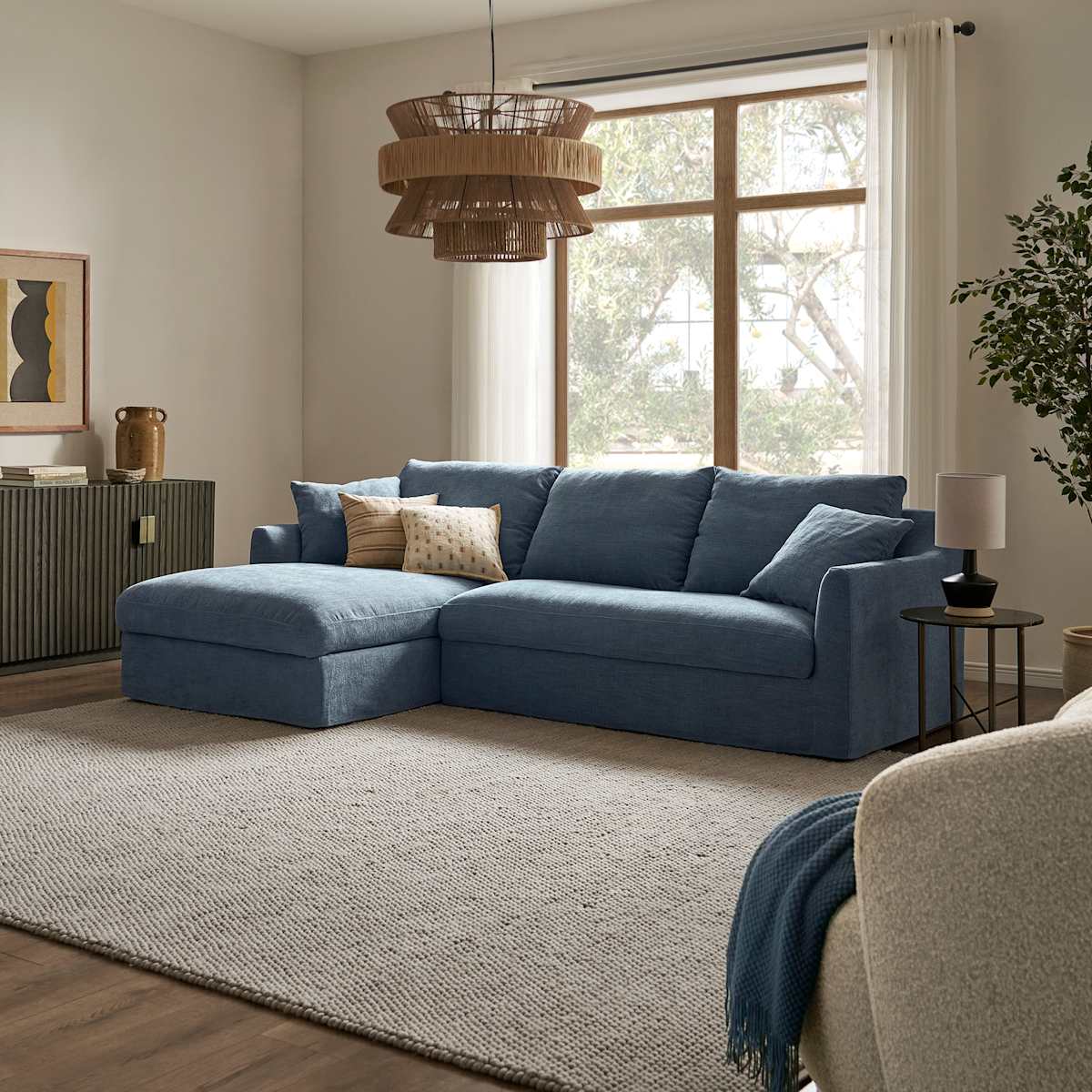 Agnes Blue Slipcover Storage Chaise Sectional Sofa for Living Room, Multifunctional Style, Extra Storage Space