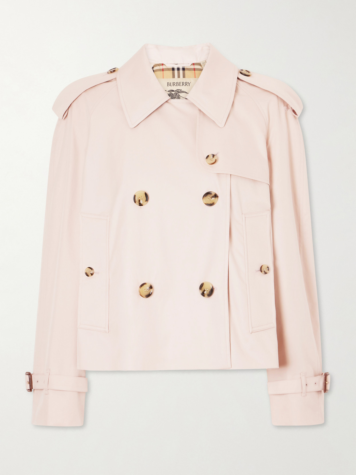 Haltye Double-breasted Belted Cotton-gabardine Cropped Trench Jacket - Pink
